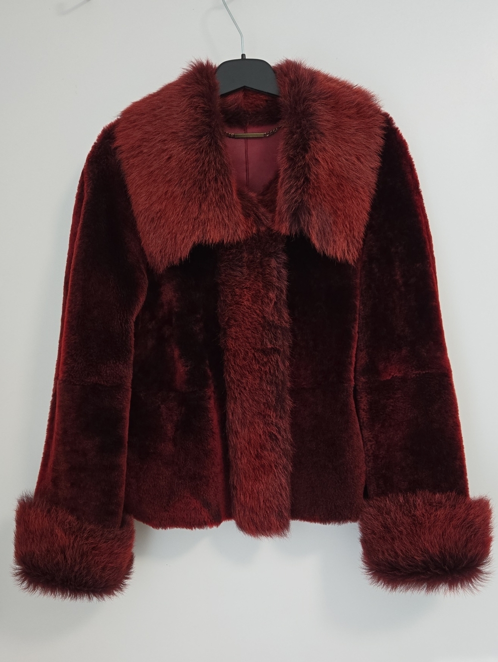 Via Veneto Real Shearling Fur Short Jacket in Deep Burgundy and Wine, Size XS